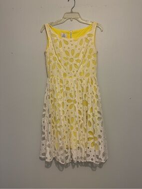 Suzi Chin Yellow Dress with White Floral Eyelet Overlay